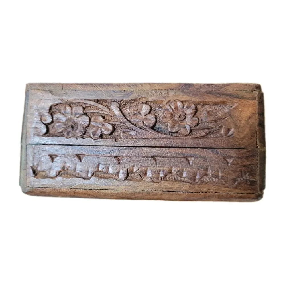 VTG PIER 1 IMPORTS HAND CARVED WOOD Jewelry Trinket Box Blue interior 5x7 Y2K